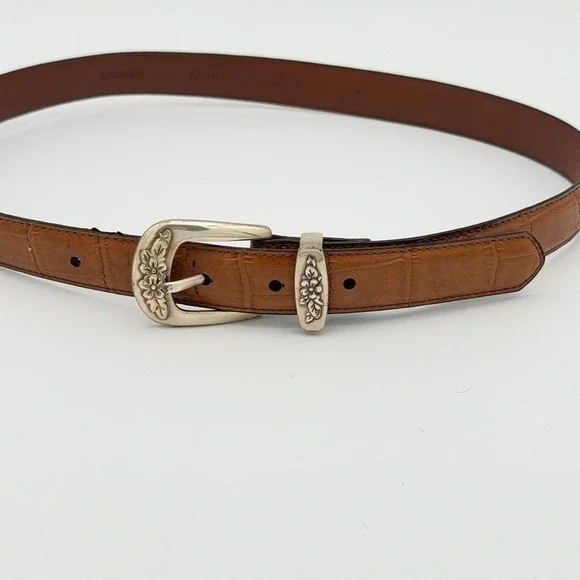 Genuine Leather Western Belt Medium Brown‎ Floral Silver Buckle Boho Country - Picture 4 of 9